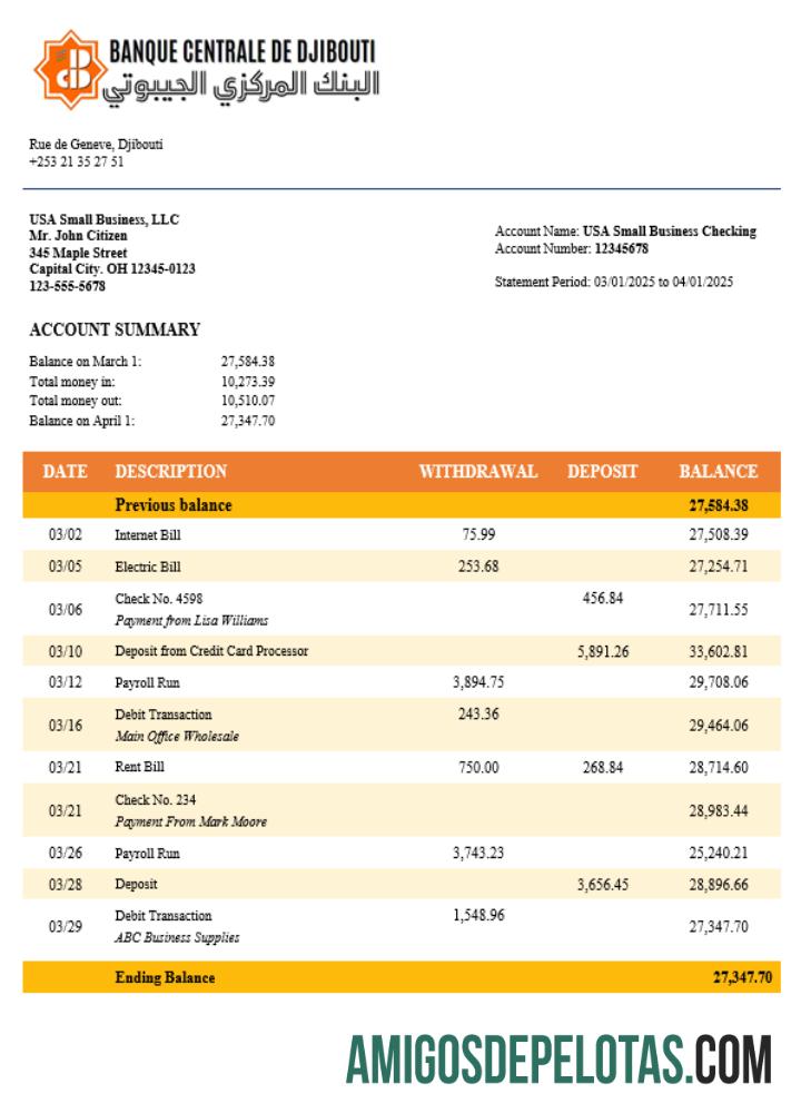 Realista Central Bank Of Djiboutian Company Extrato de conta corrente modelo Word e PDF